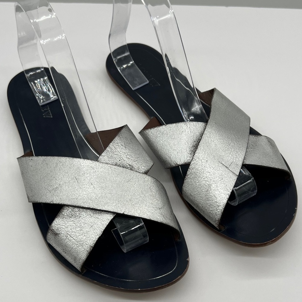 J. Crew Navy Blue & Silver Flat Sandals with Criss-Cross Straps 11